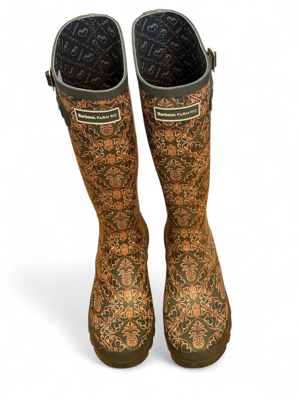 Barbour Olive & Tan Floral-Patterned Tall Rain Boots
